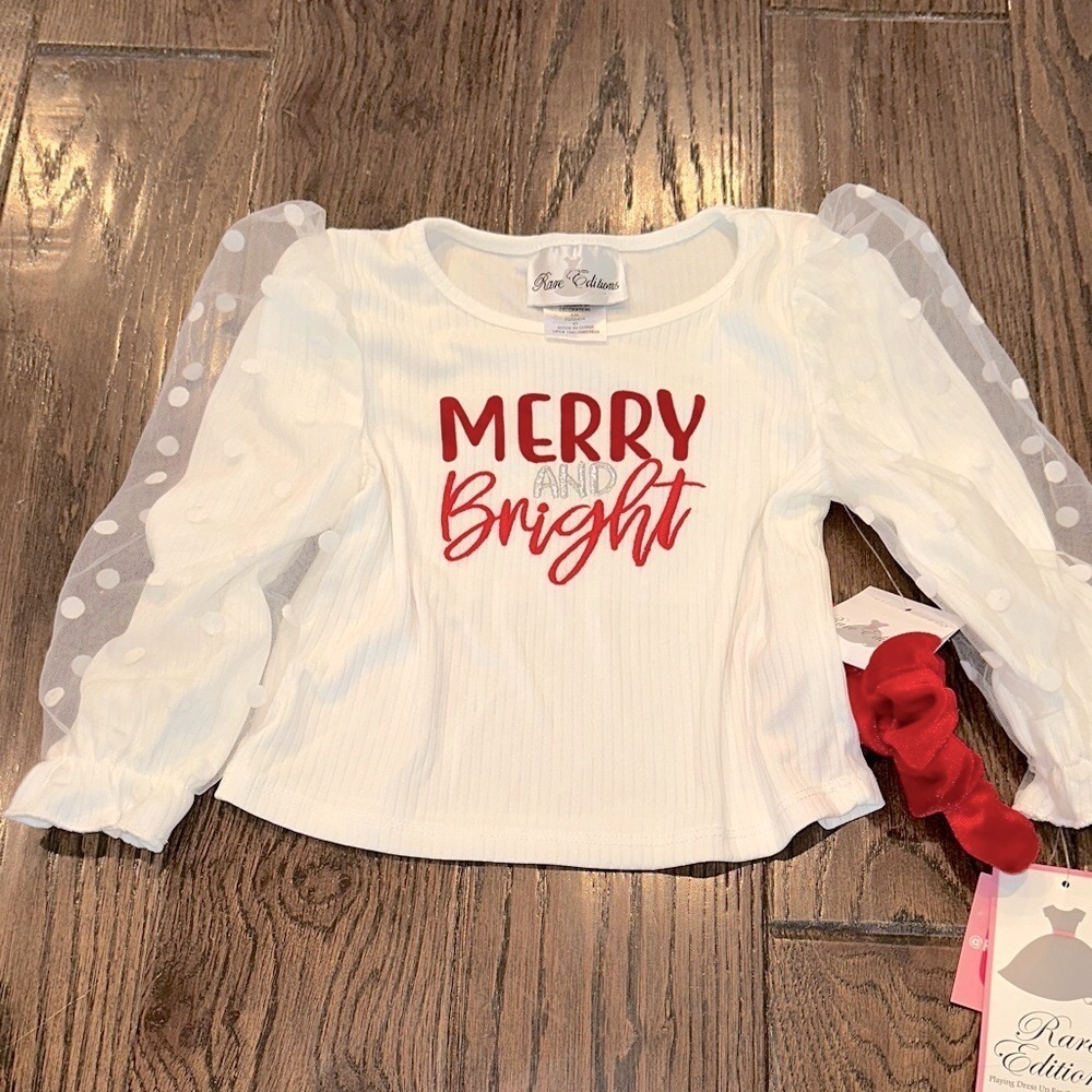 Rare Editions girls White & Red Merry & bright Christmas Long Sleeve Tee size 4T